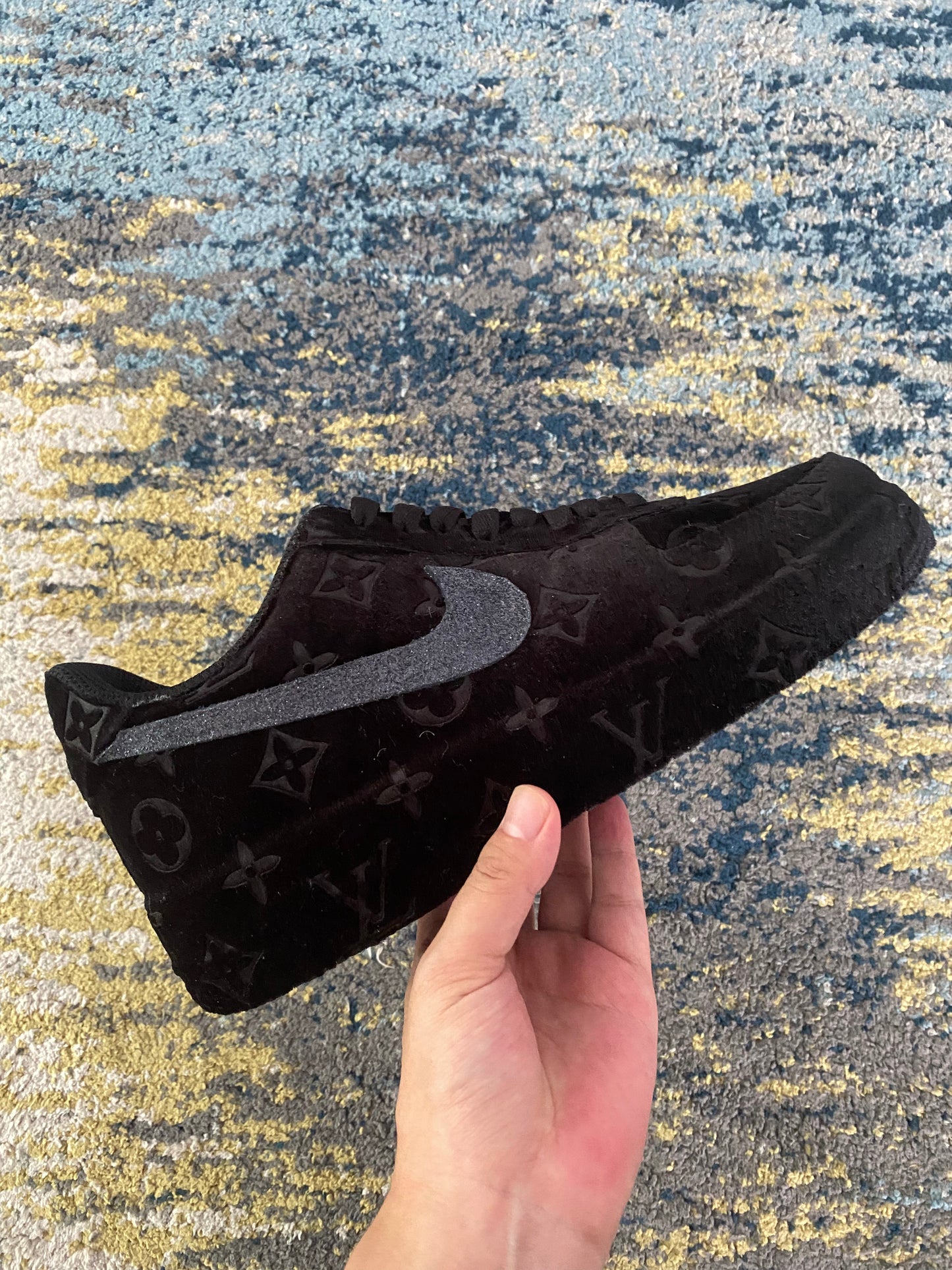 Black Full LV Velvet Air Force One Custom Sneaker for Man