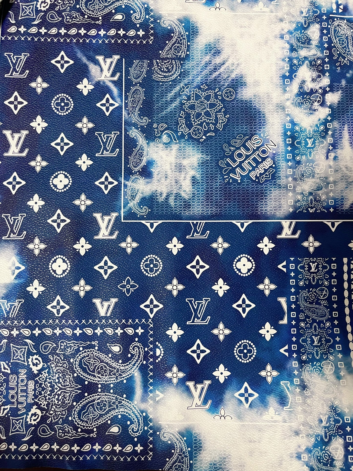 Custom Handmade Blue Print Dye Bandana LV Leather for Crafting Jacket