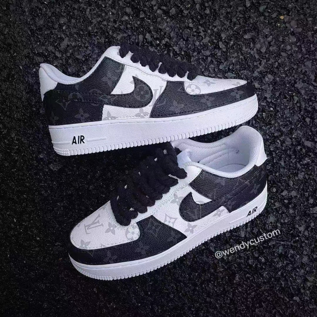 Black White Grey Classic Monogram LV Custom Sneakers Air Force One for Man