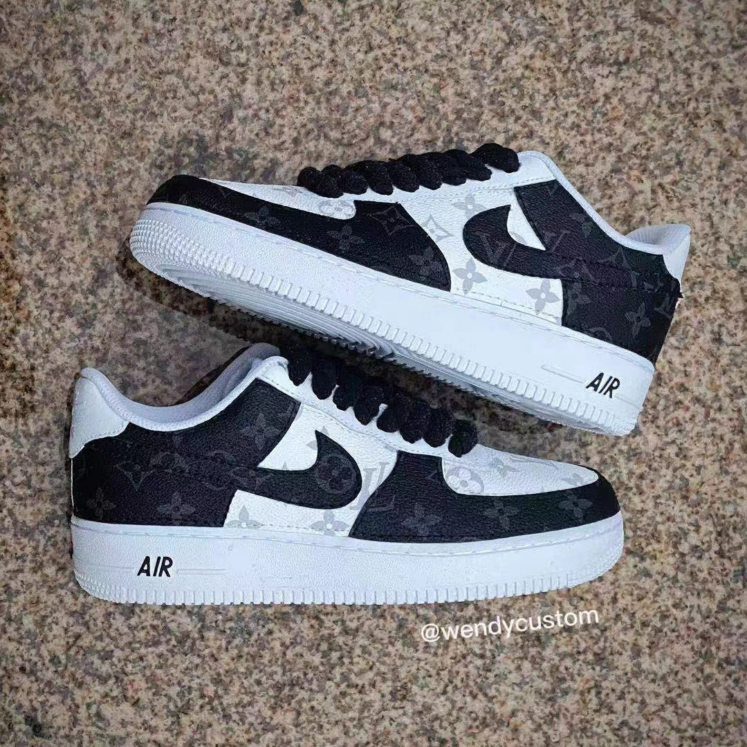 Black White Grey Classic Monogram LV Custom Sneakers Air Force One for Man