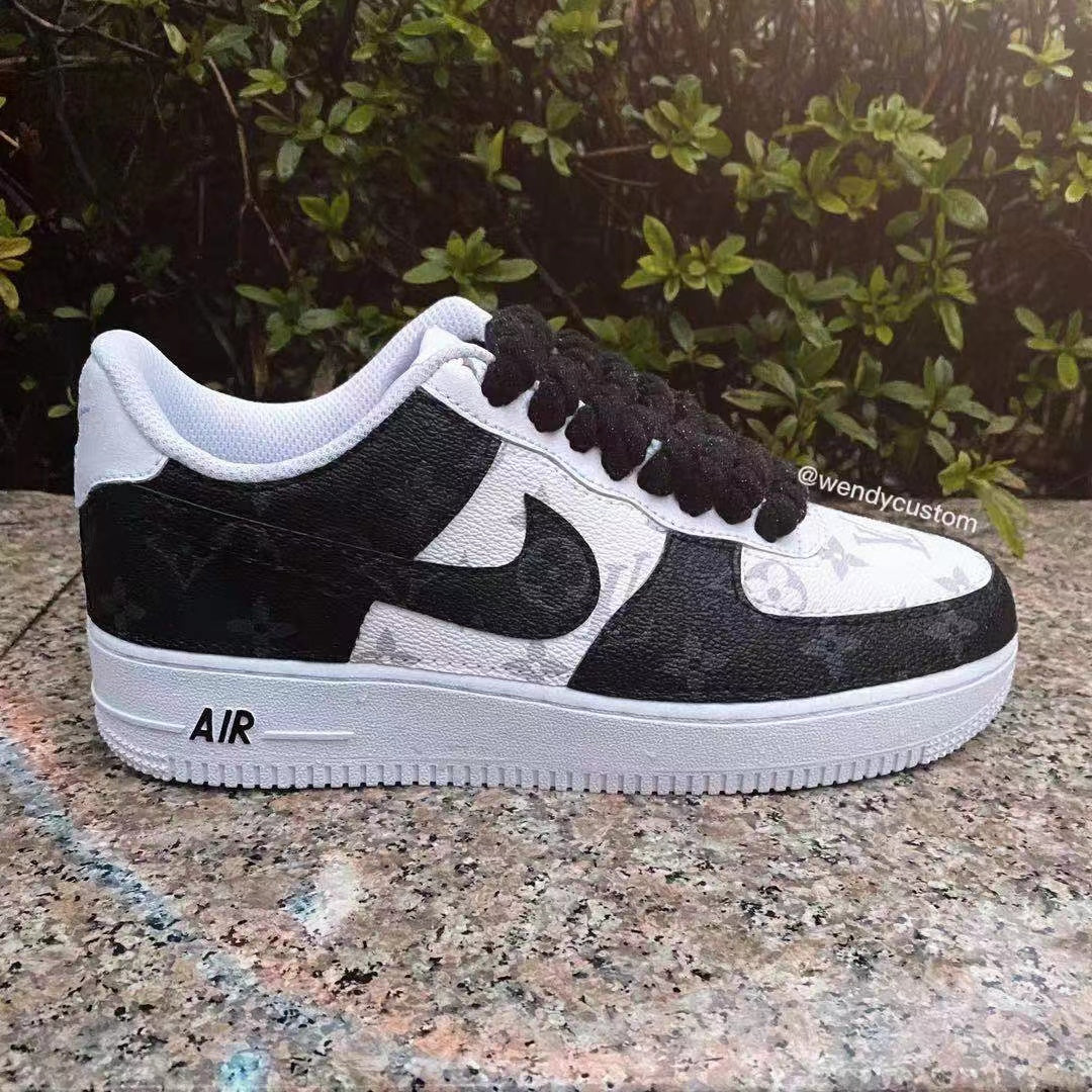 Black White Grey Classic Monogram LV Custom Sneakers Air Force One for Man