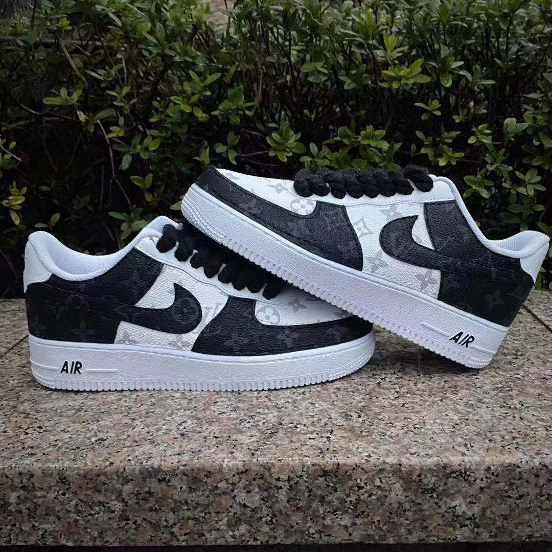 Black White Grey Classic Monogram LV Custom Sneakers Air Force One for Man