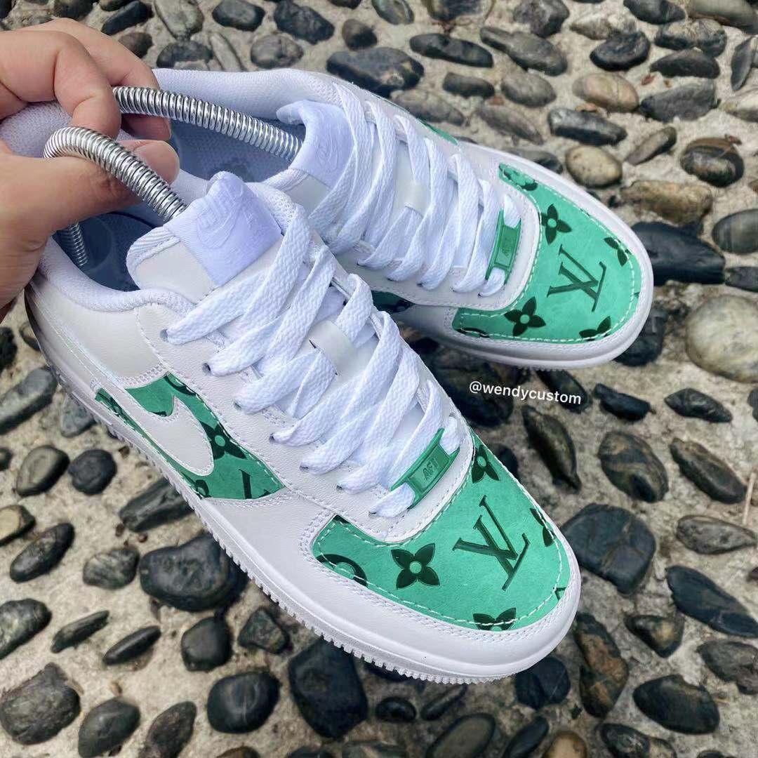 Vintage Green Embossed LV Custom Air Force One Sneakers for Woman
