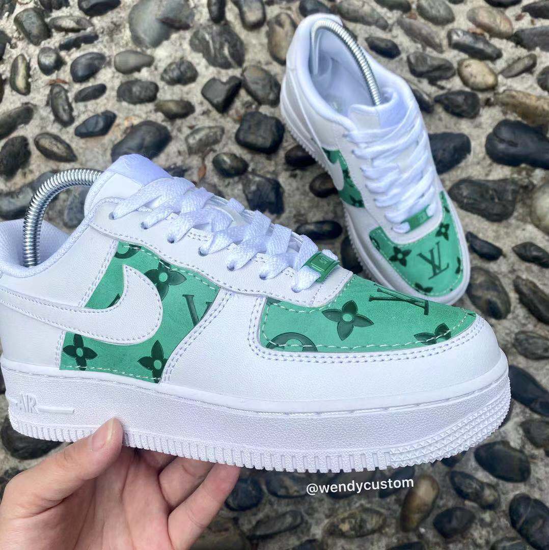 Vintage Green Embossed LV Custom Air Force One Sneakers for Woman