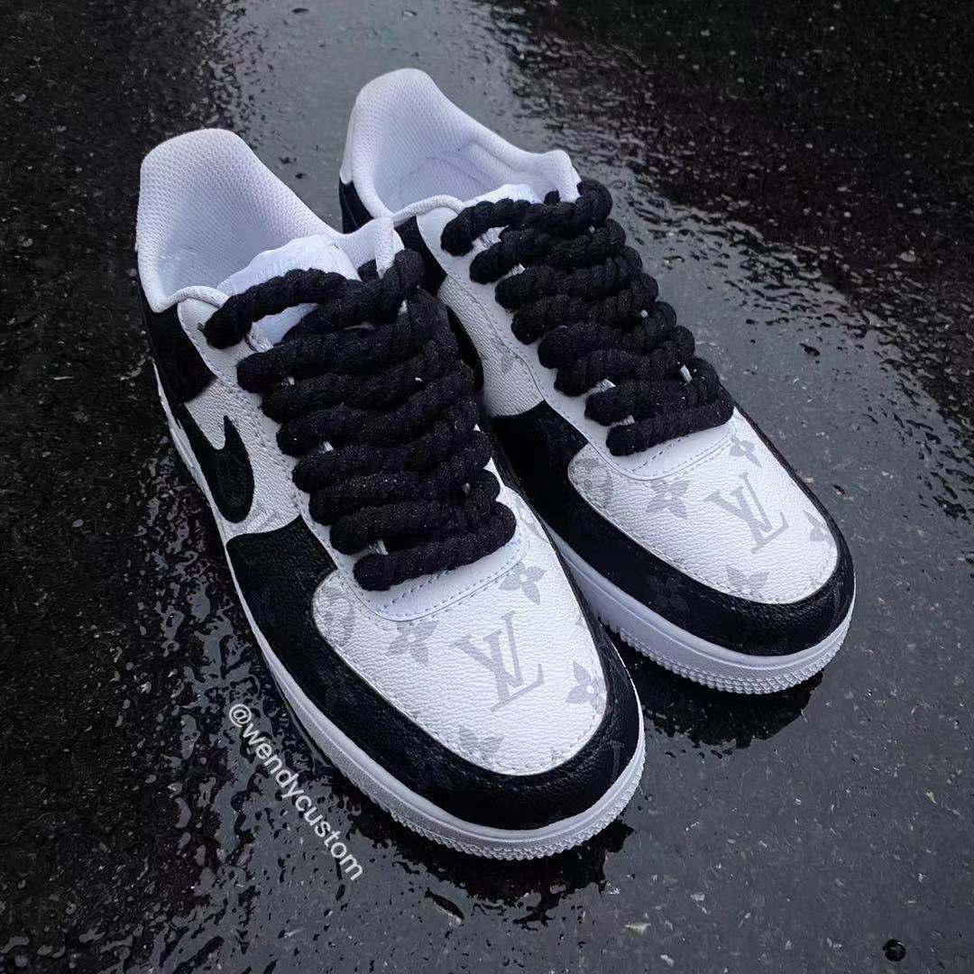 Black White Grey Classic Monogram LV Custom Sneakers Air Force One for Man