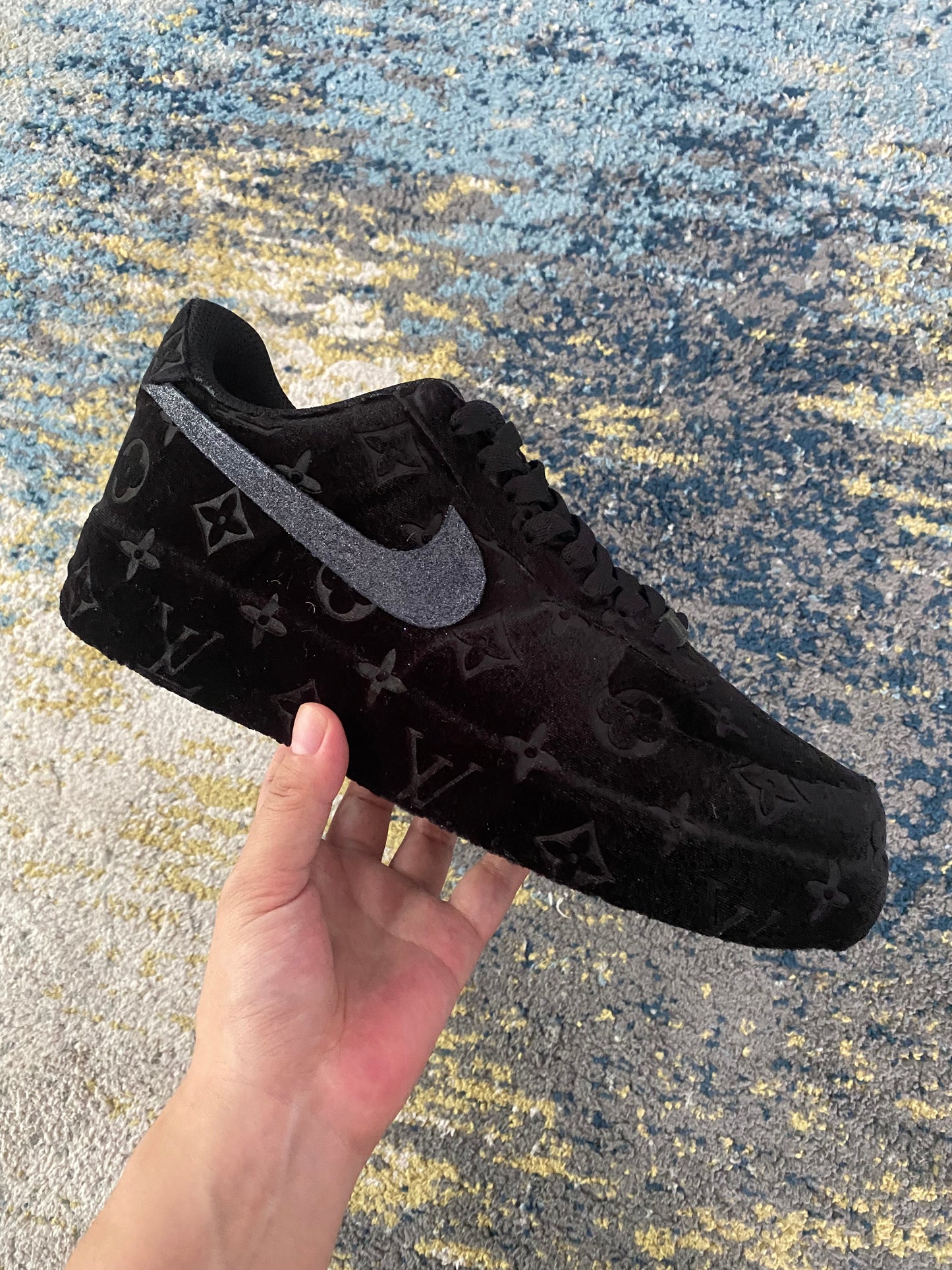 Black Full LV Velvet Air Force One Custom Sneaker for Man