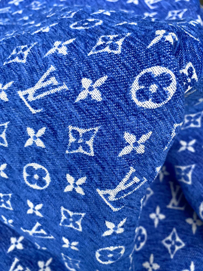 Blue LV Louis Vuitton Chenille Sofa Fabric for Upholstery Sewing Handmade