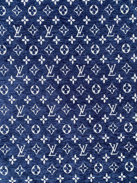 Navy LV Louis Vuitton Chenille Sofa Fabric for Upholstery Sewing Handmade