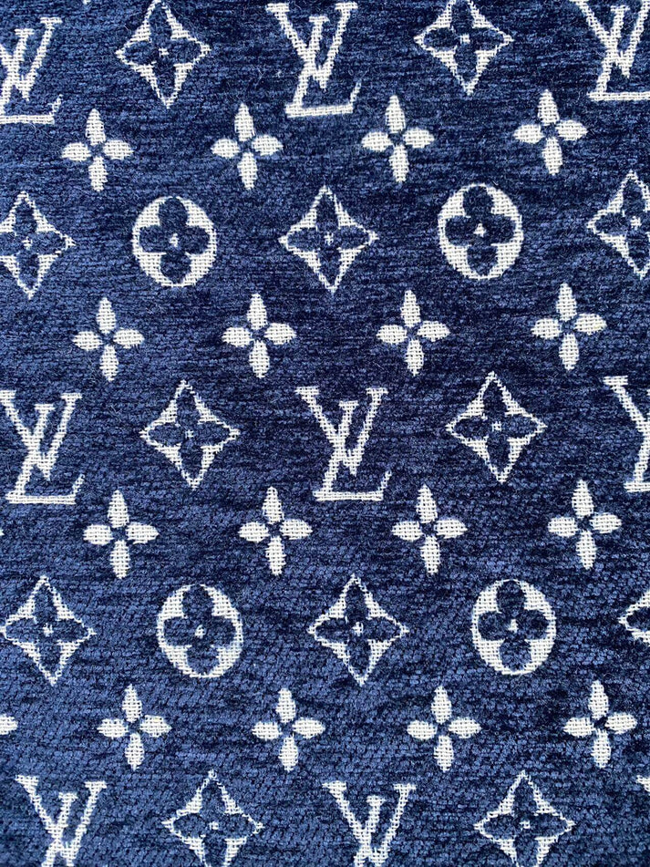 Navy LV Louis Vuitton Chenille Sofa Fabric for Upholstery Sewing Handmade