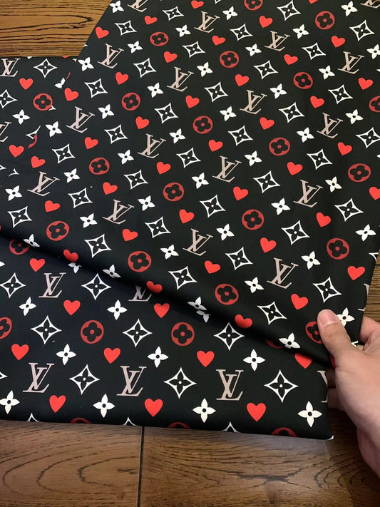 Black LV Heart Monogram Custom Sneaker Fabric DIY Sewing Material Sold by Yard