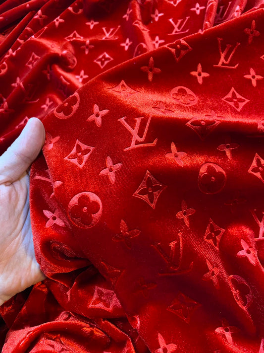 Luxury Red LV Velvet Fabric for Custom Sneakers Sewing Car Upholstery Furniture Sofa