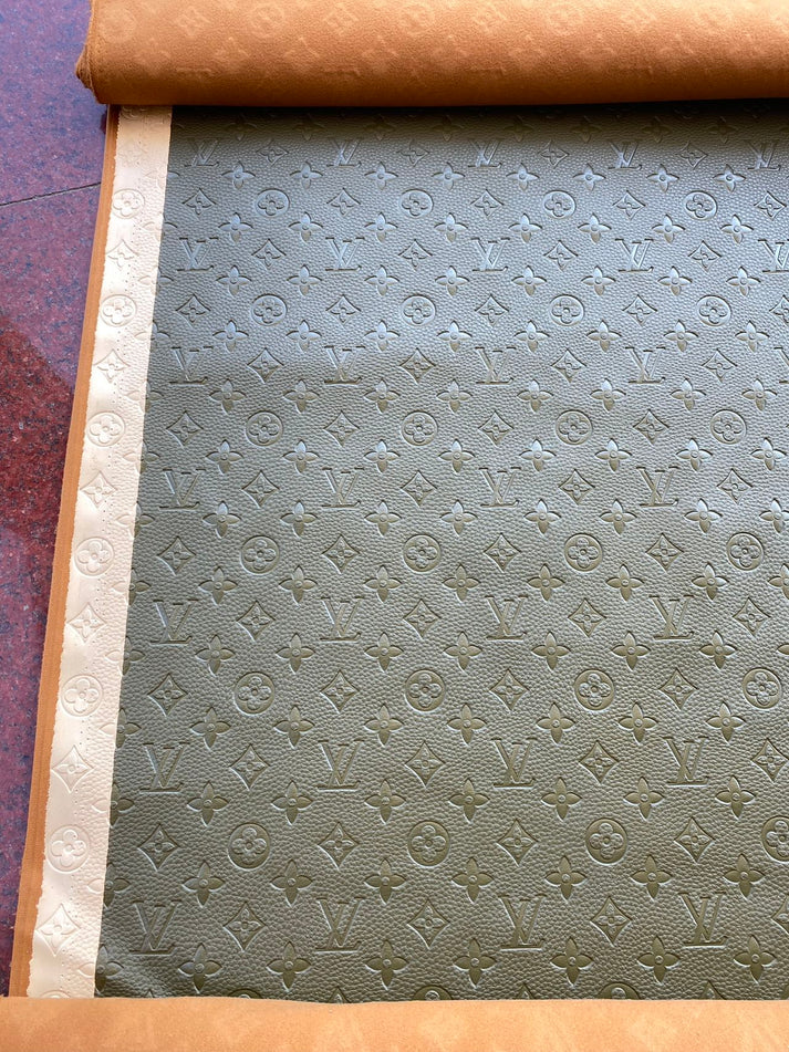 Olive Green Soft Embossed Louis Vuitton Leather Designer Fabric