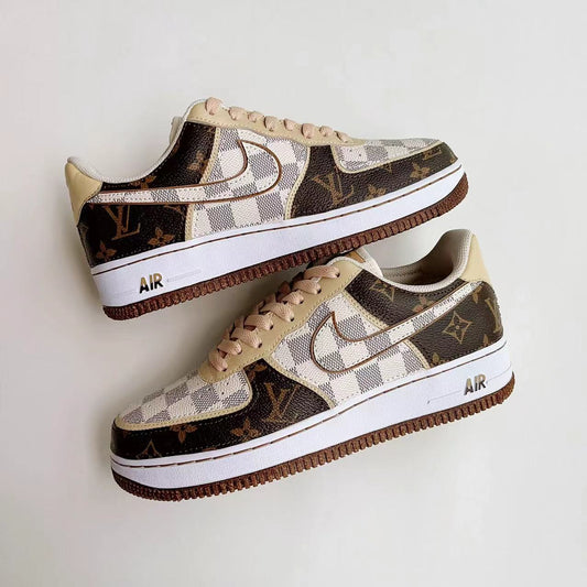 Brown Full LV Leather Air Force One Custom Sneaker for Woman