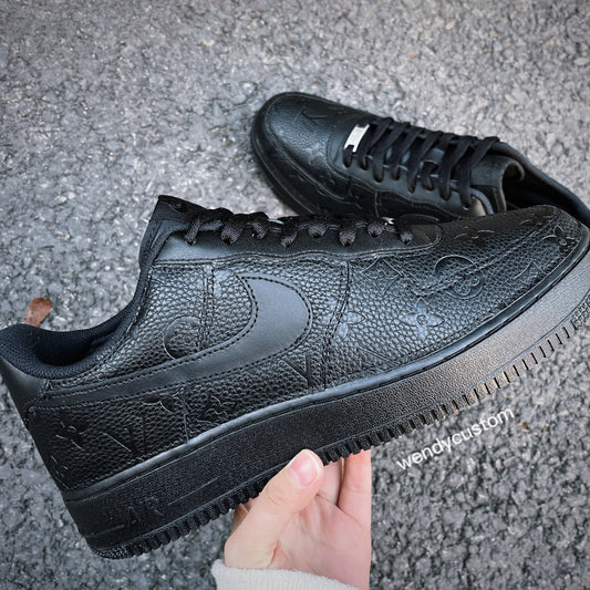 Black Full LV Leather Air Force One Custom Sneaker for Woman