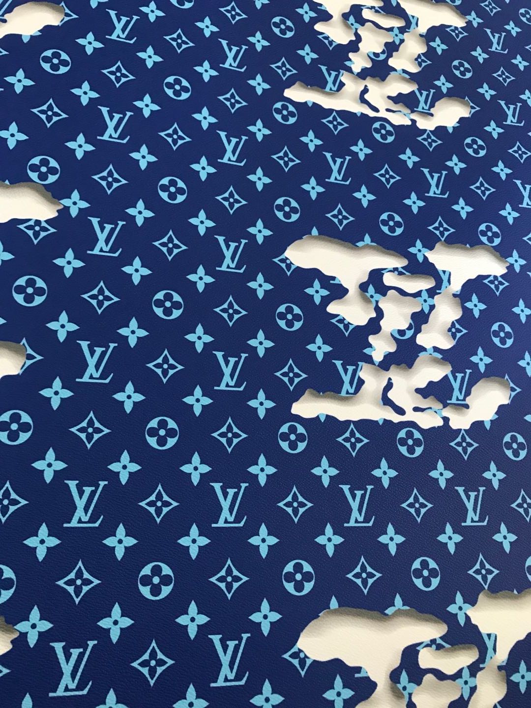 Blue LV Cloud Pattern Faux Leather Fabric for Bag and Shoe Custom by Yard