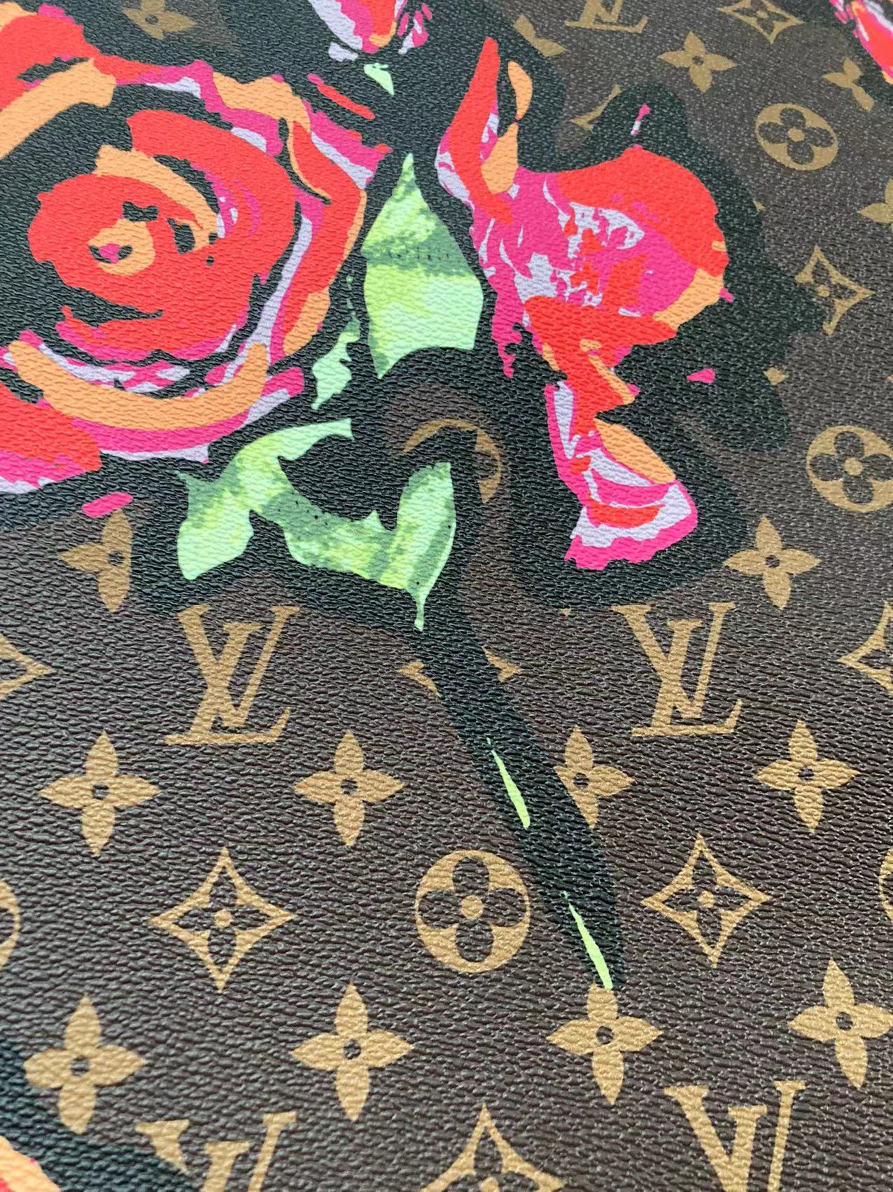 Brown LV Big Flower Faux Leather Fabric Custom Material for Sneaker Car Upholstery
