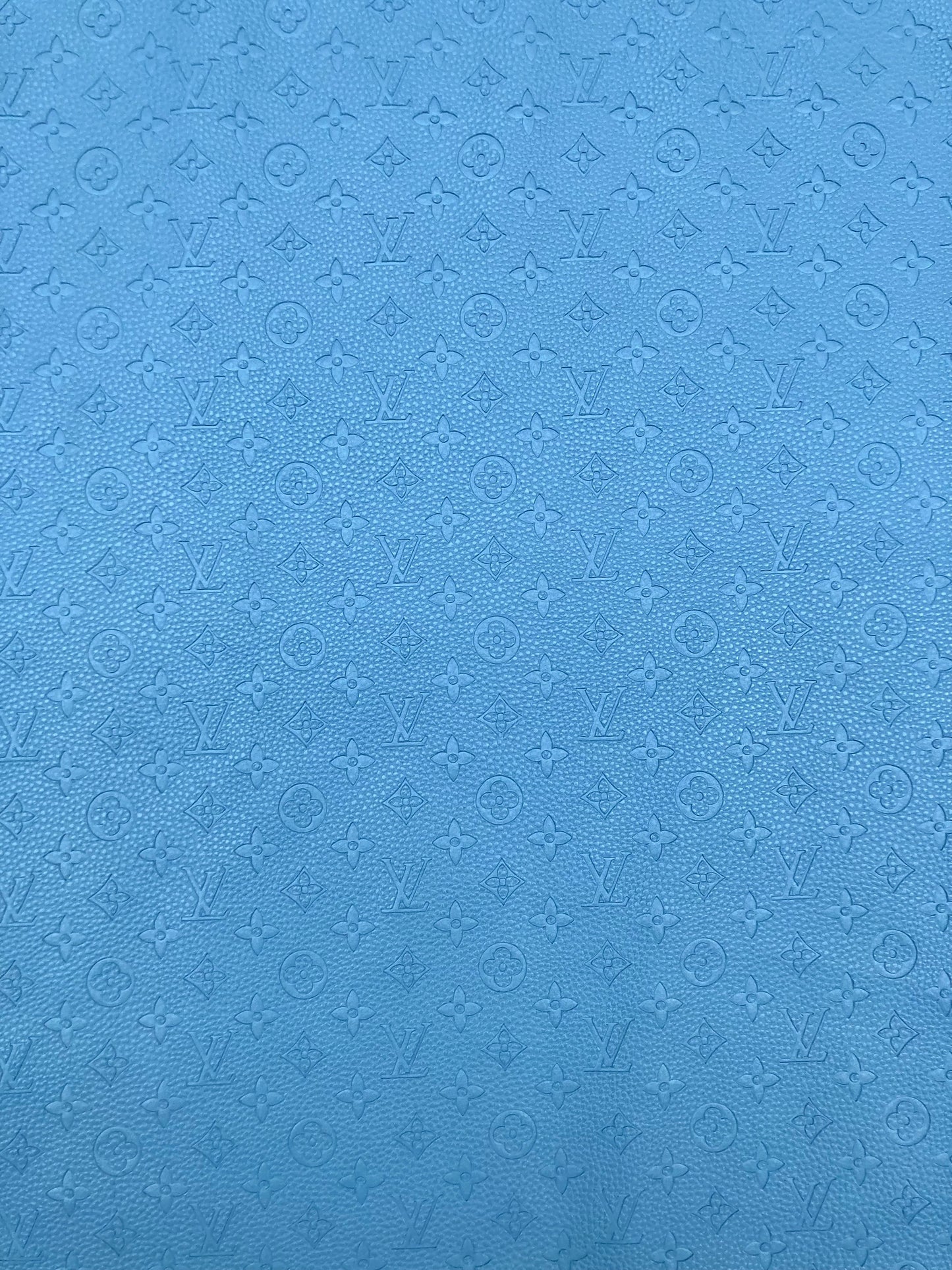 Handmade Baby Blue Embossed LV Leather Fabric for Custom Crafts Upholstery