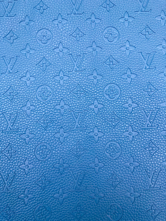 Handmade Baby Blue Embossed LV Leather Fabric for Custom Crafts Upholstery