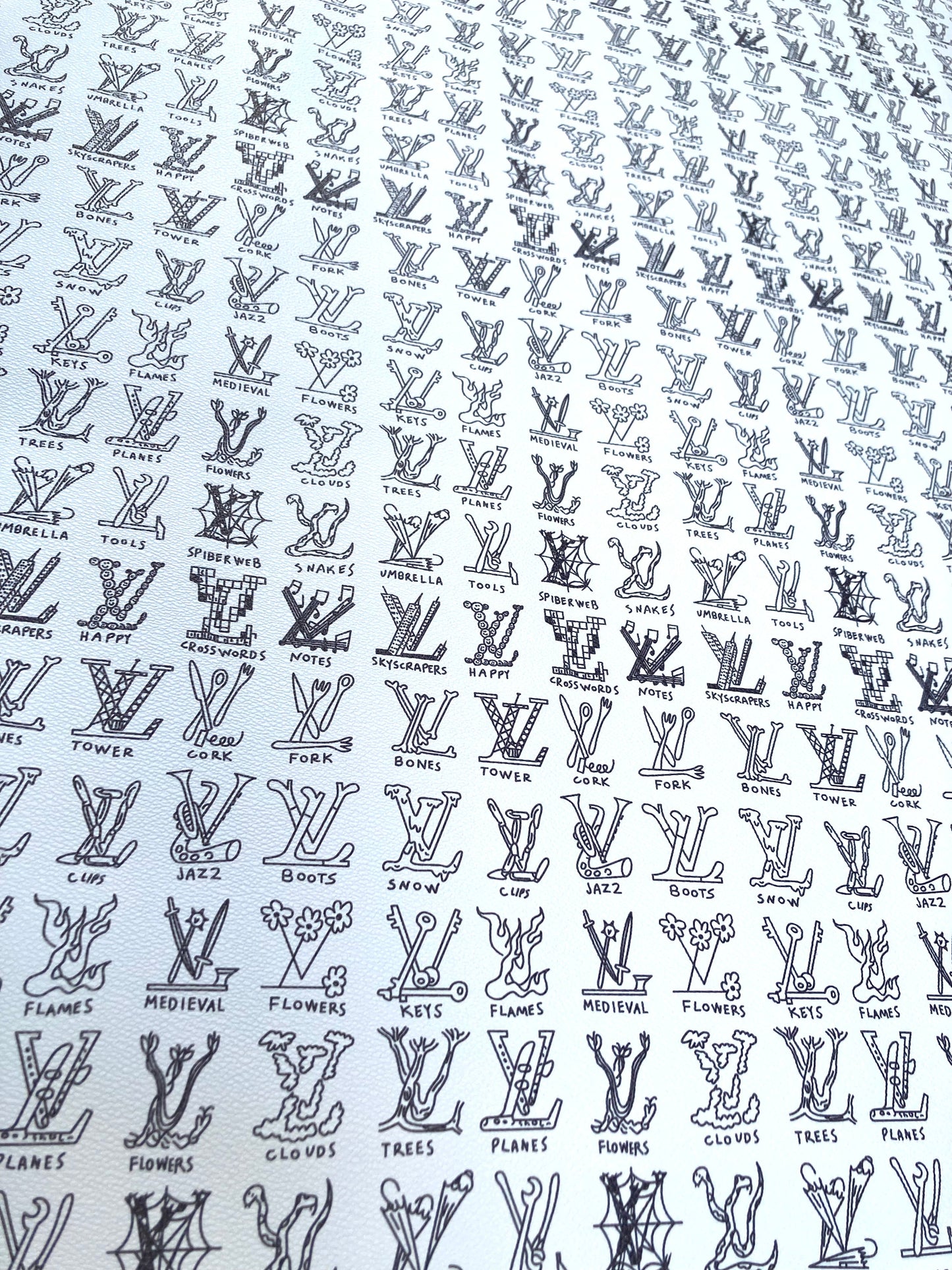 Custom Hand painted Casual LV Doodle Vinyl Leather Fabric for DIY Bag Upholstery