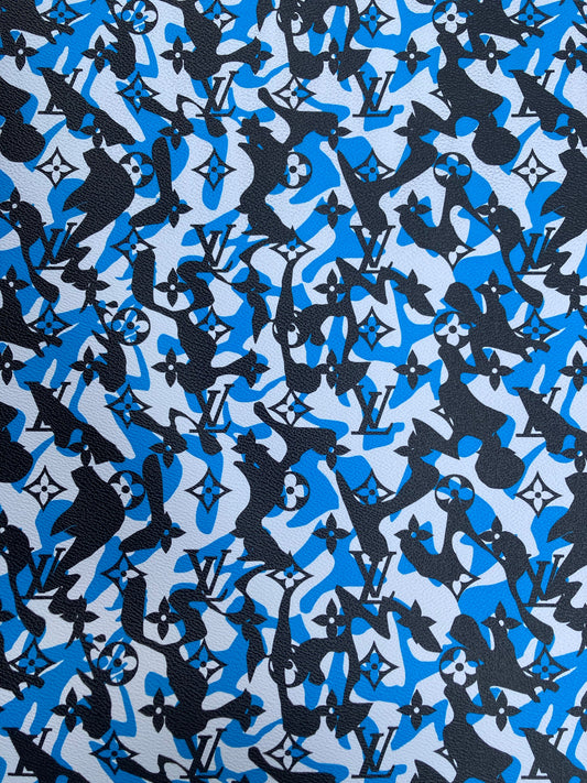 Handmade Blue Camouflage LV Vinyl Leather Fabric for Custom Sneakers